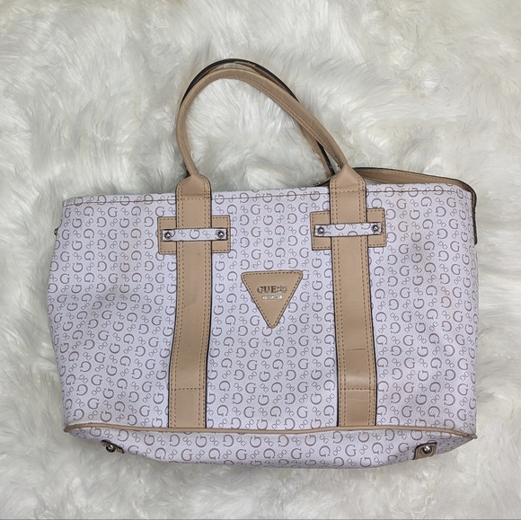 Like-New Guess Logo White Vegan Leather Shoulder Tote with Tan Handle and‎ Trim - Picture 1 of 8